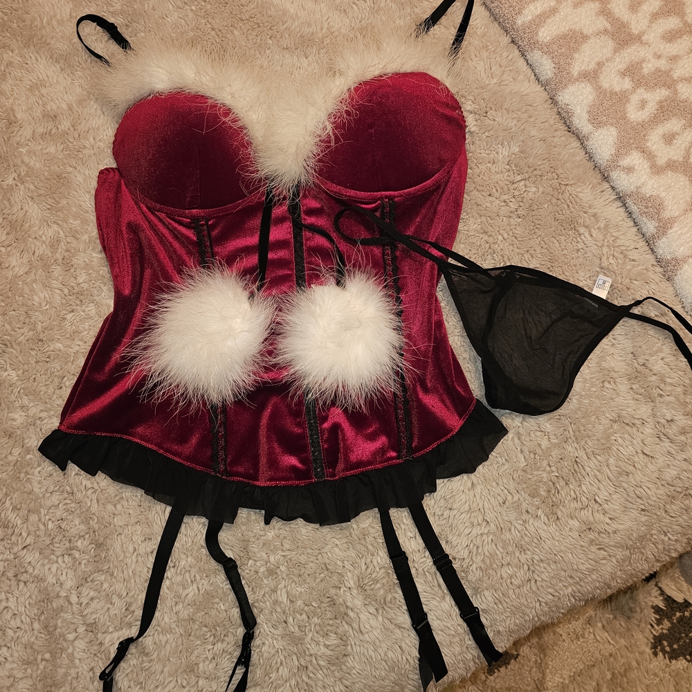 Frederick's of Hollywood Red Velvet Bustier with Black Lace